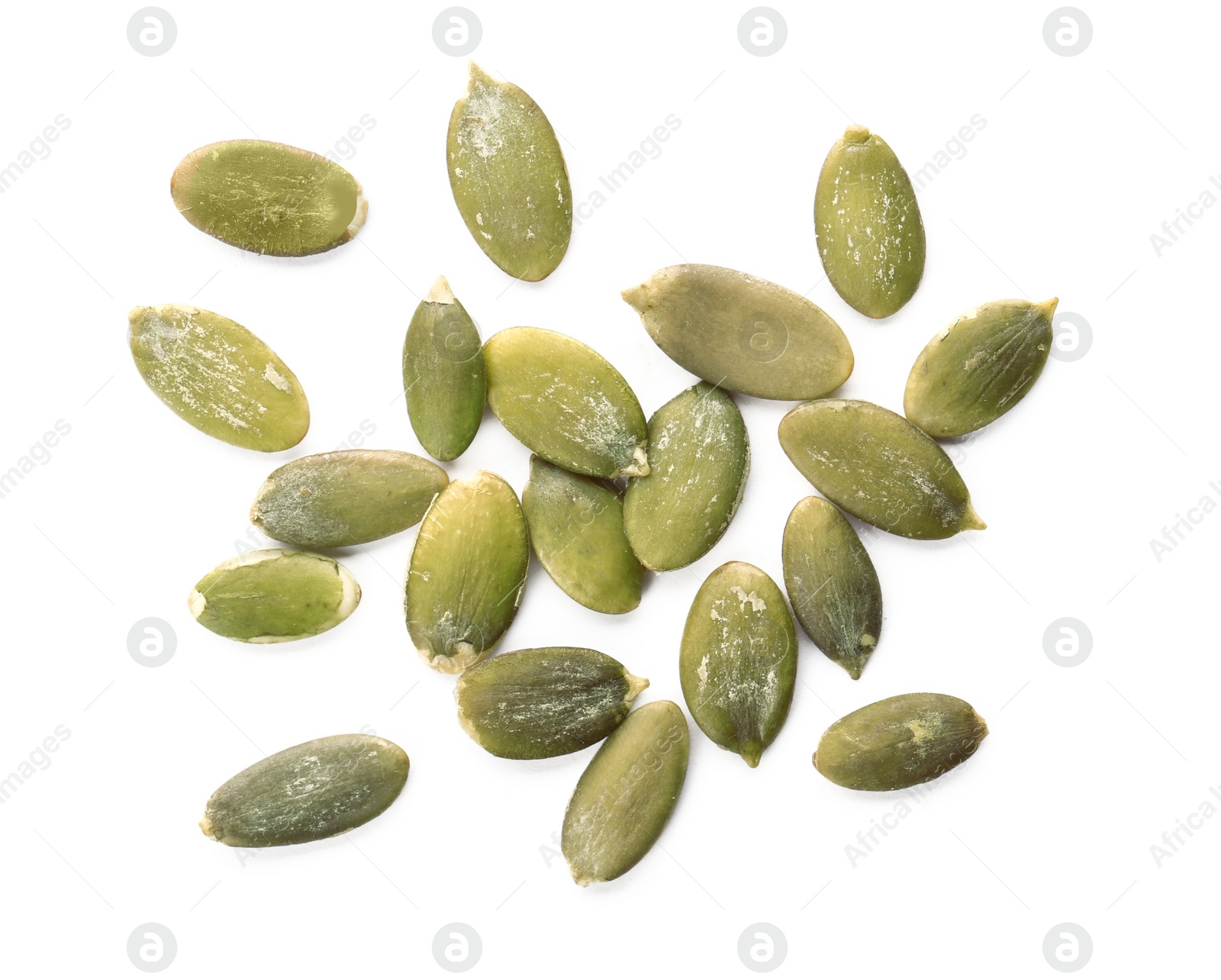 Photo of Raw pumpkin seeds on white background, top view