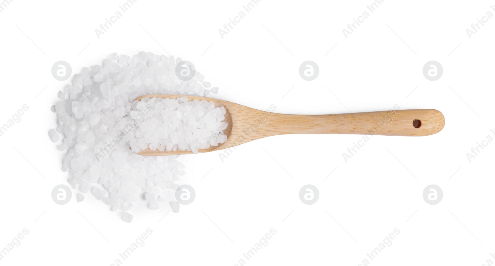 Photo of Wooden spoon with natural sea salt isolated on white, top view