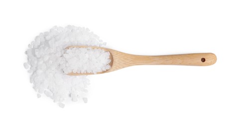 Wooden spoon with natural sea salt isolated on white, top view