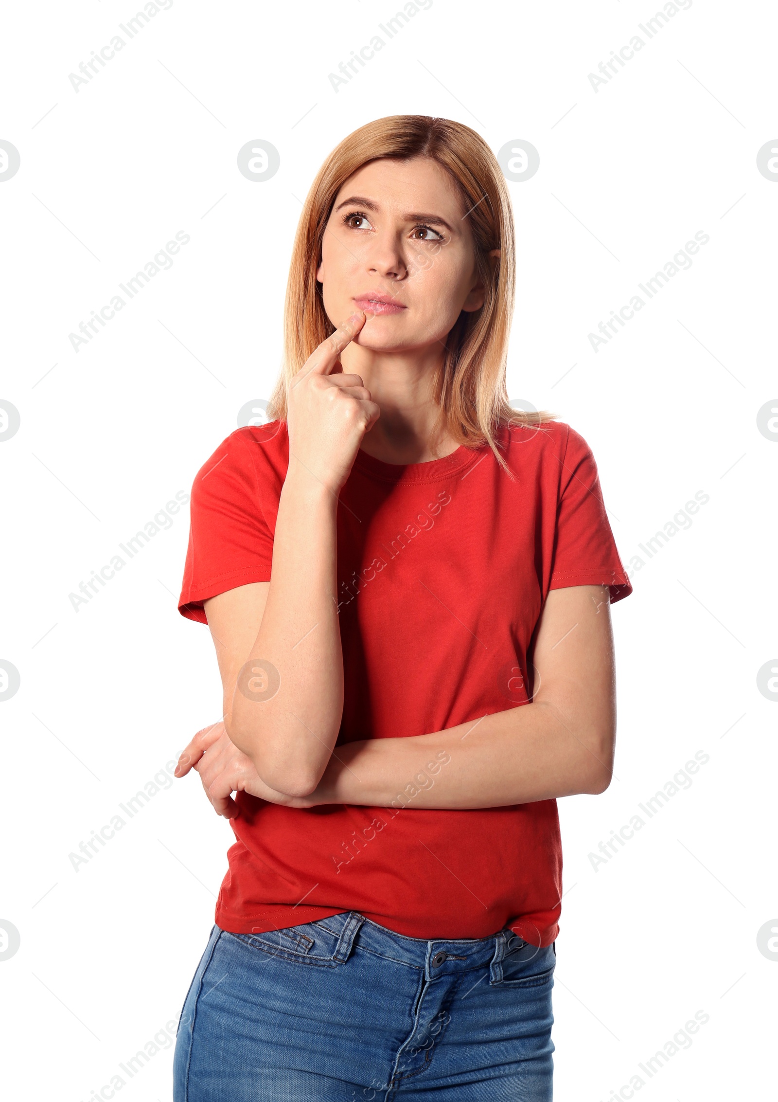 Photo of Portrait of pensive beautiful woman on white background