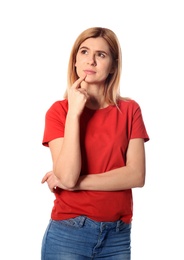 Photo of Portrait of pensive beautiful woman on white background