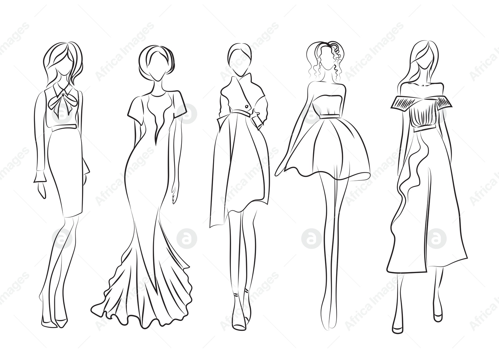 Illustration of Fashion sketch. Models wearing stylish clothes on white background, illustration