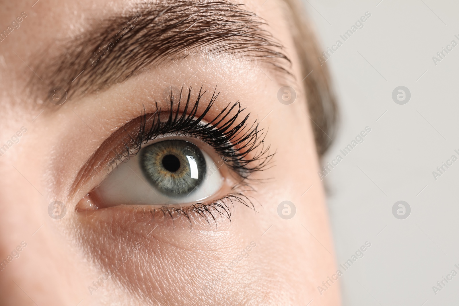 Photo of Macro photo of woman with beautiful eyes on light background