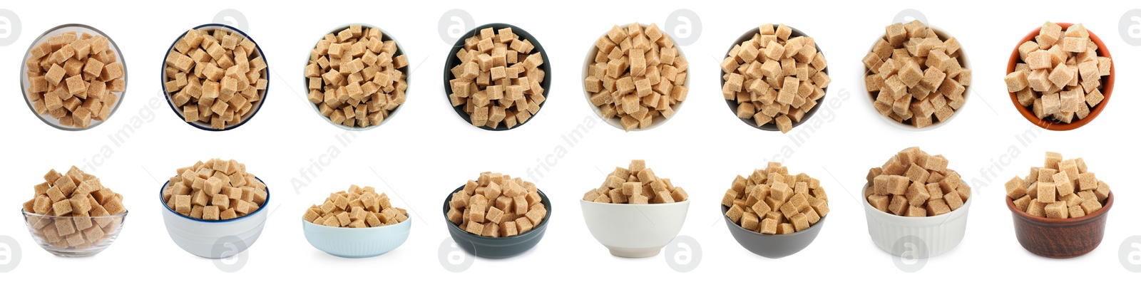 Image of Set with cubes of brown sugar on white background. Banner design