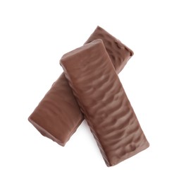 Photo of Tasty chocolate glazed protein bars on white background, top view. Healthy snack