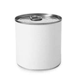 Closed tin can isolated on white, mockup for design