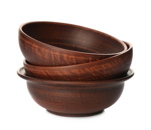 Stylish brown clay bowls on white background