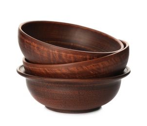 Photo of Stylish brown clay bowls on white background