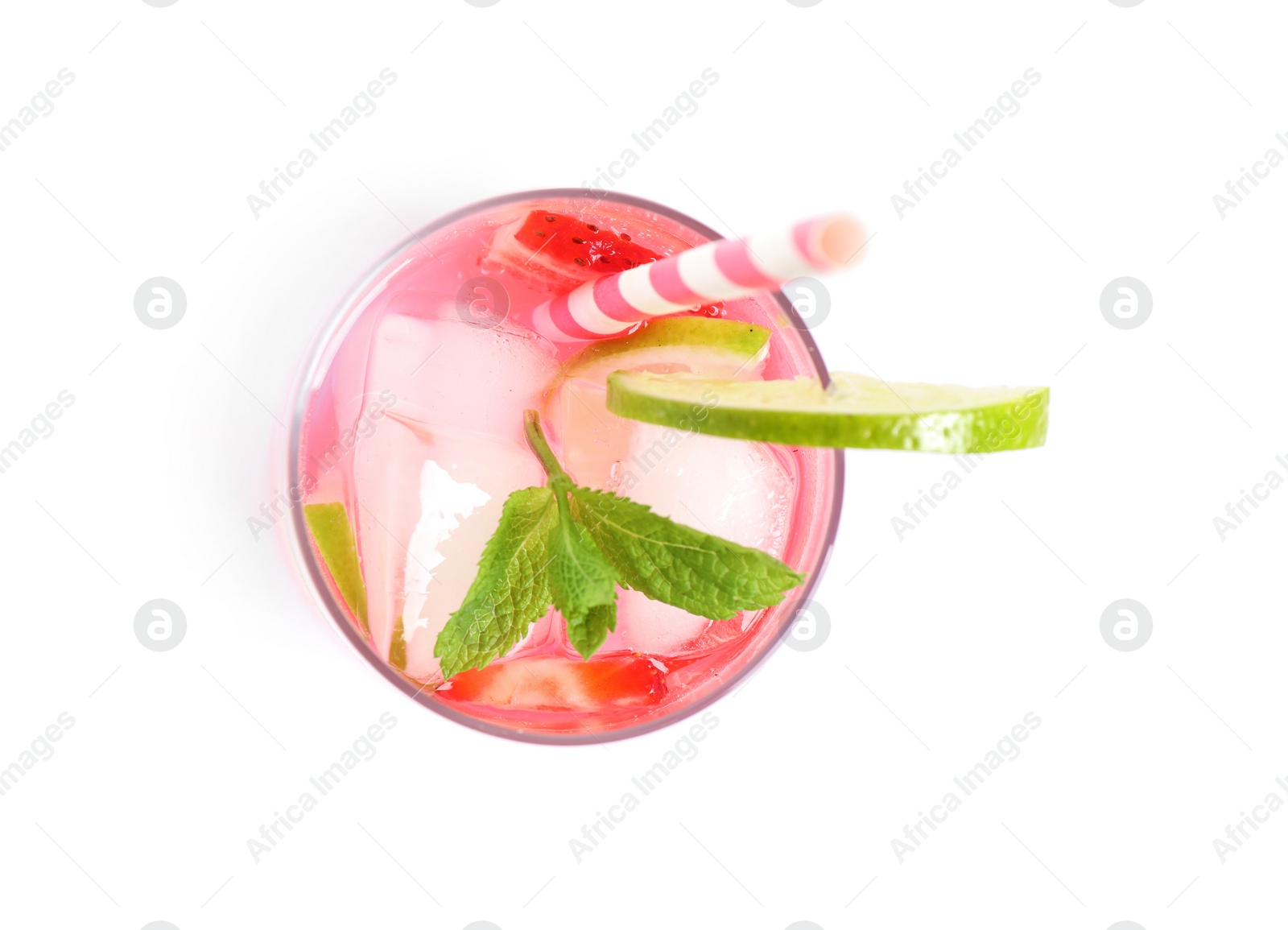 Photo of Tasty refreshing drink with strawberries on white background, top view