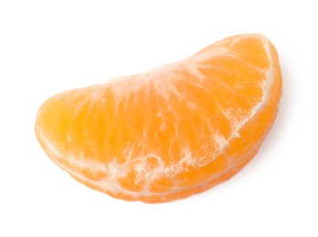 Photo of Piece of peeled fresh ripe tangerine isolated on white, top view