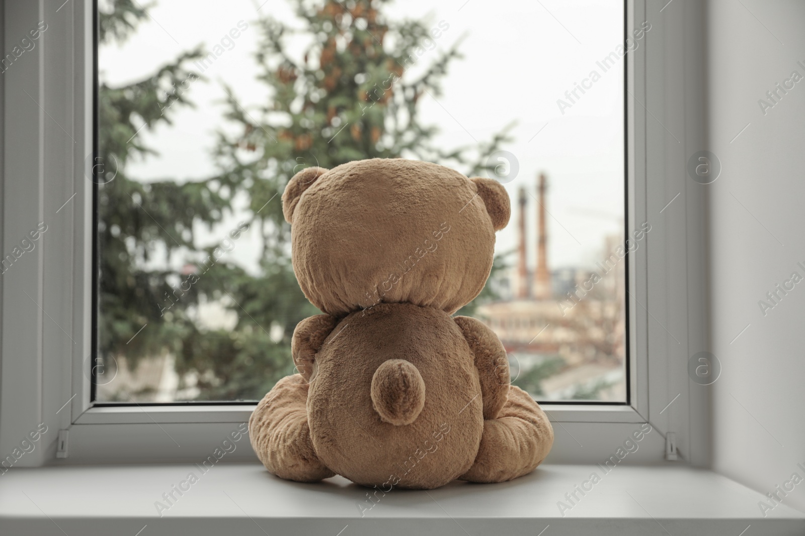 Photo of Cute lonely teddy bear on windowsill indoors, back view