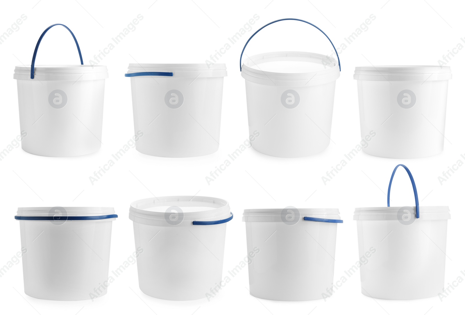 Image of Plastic buckets with lids isolated on white, set