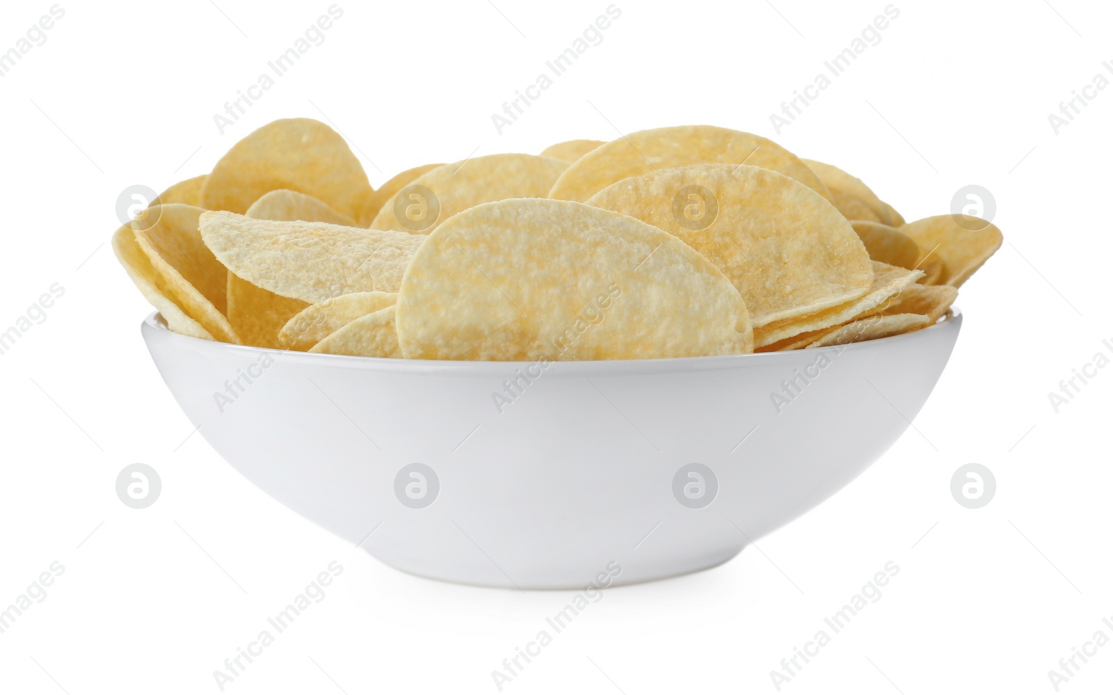 Photo of Bowl of tasty potato chips on white background