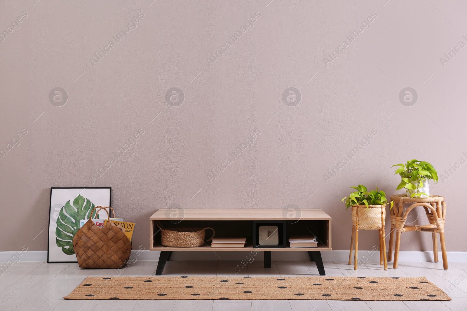 Photo of Elegant room interior with wooden cabinet and beautiful houseplants near beige wall. Space for text