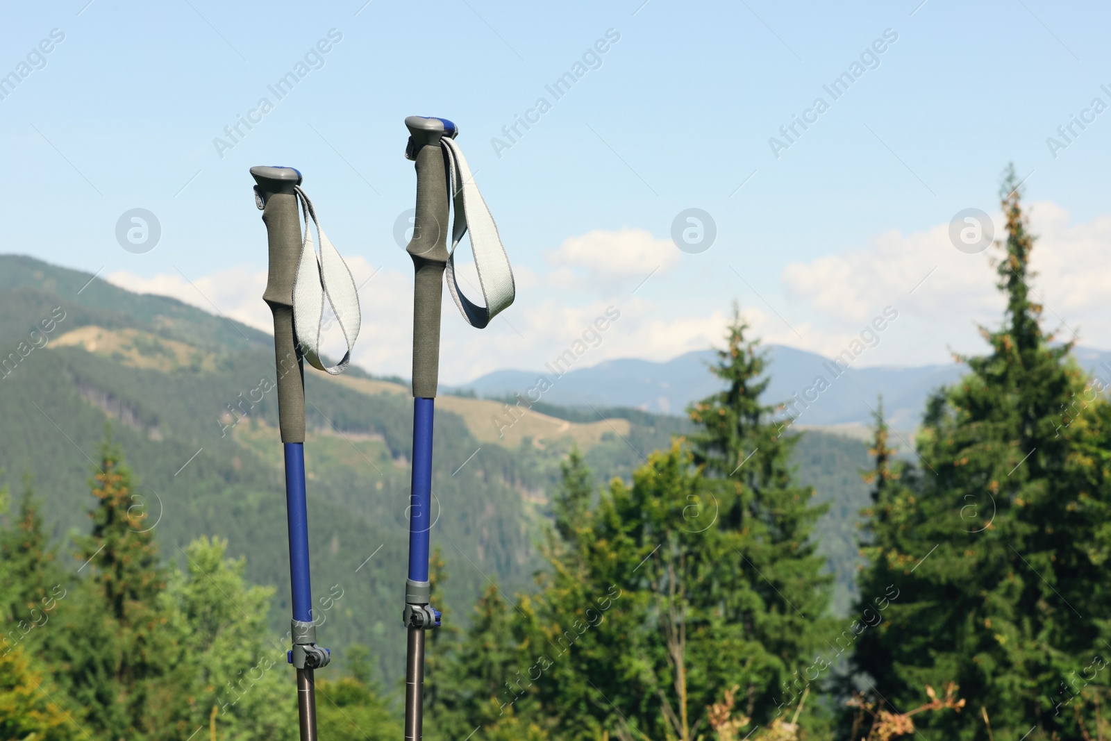 Photo of Trekking poles in mountains, space for text. Hiking accessory