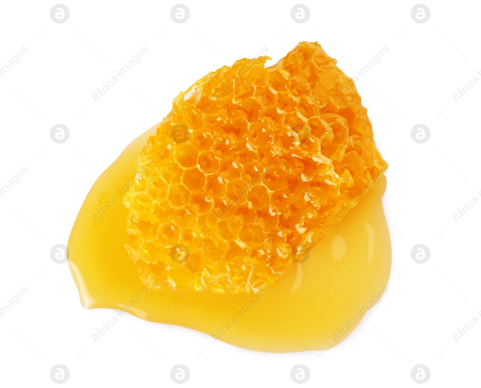 Photo of Piece of natural honeycomb with tasty honey isolated on white, top view