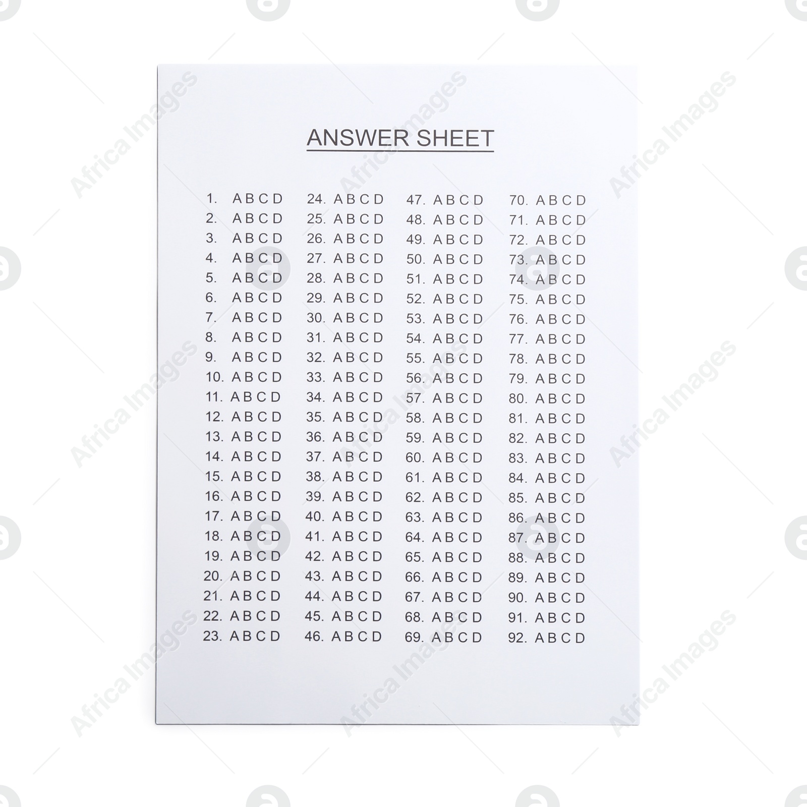 Photo of Answer sheet on white background, top view