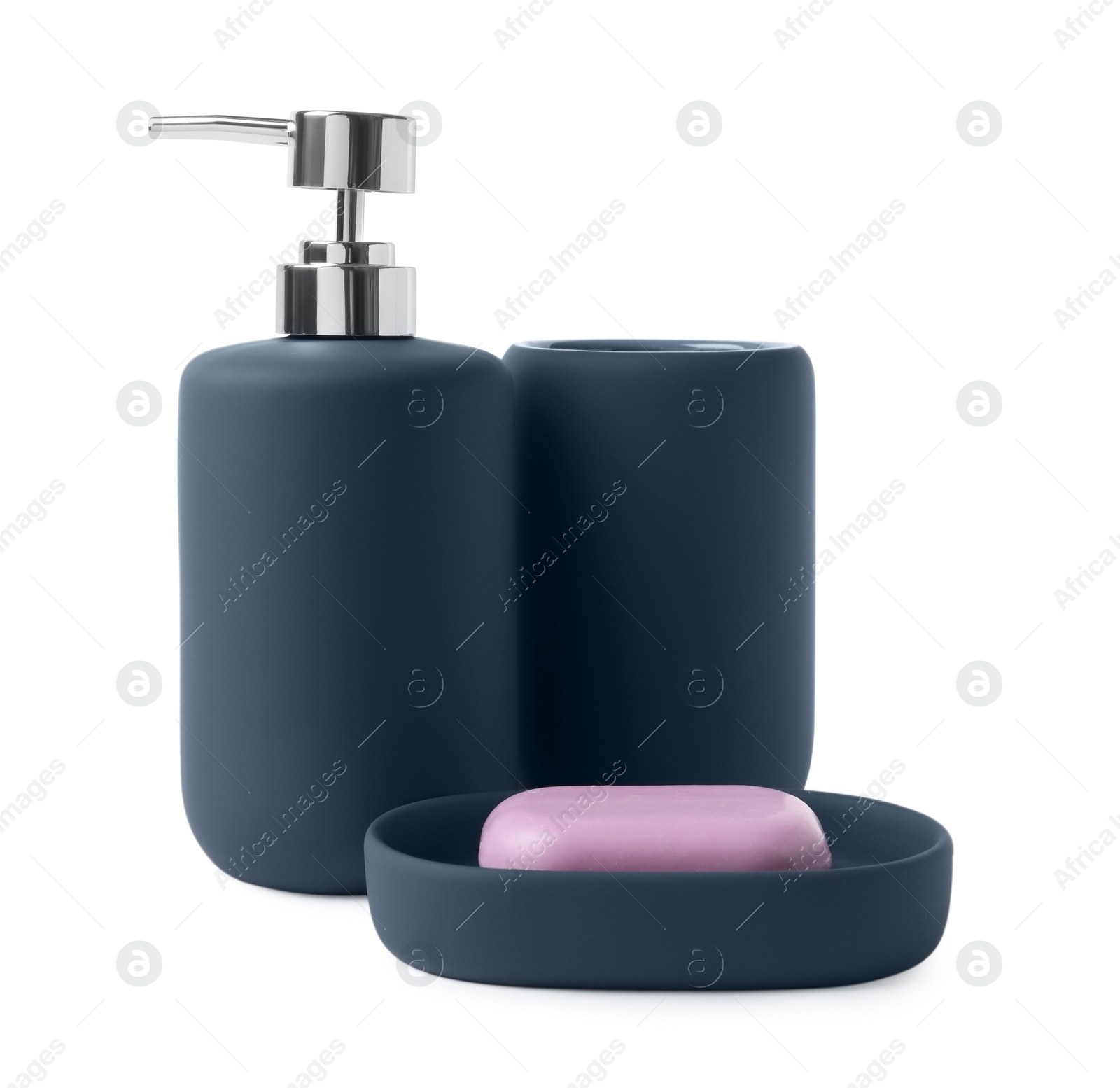 Photo of Set of bath accessories and soap bar isolated on white
