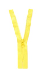 Photo of Yellow zipper isolated on white, top view