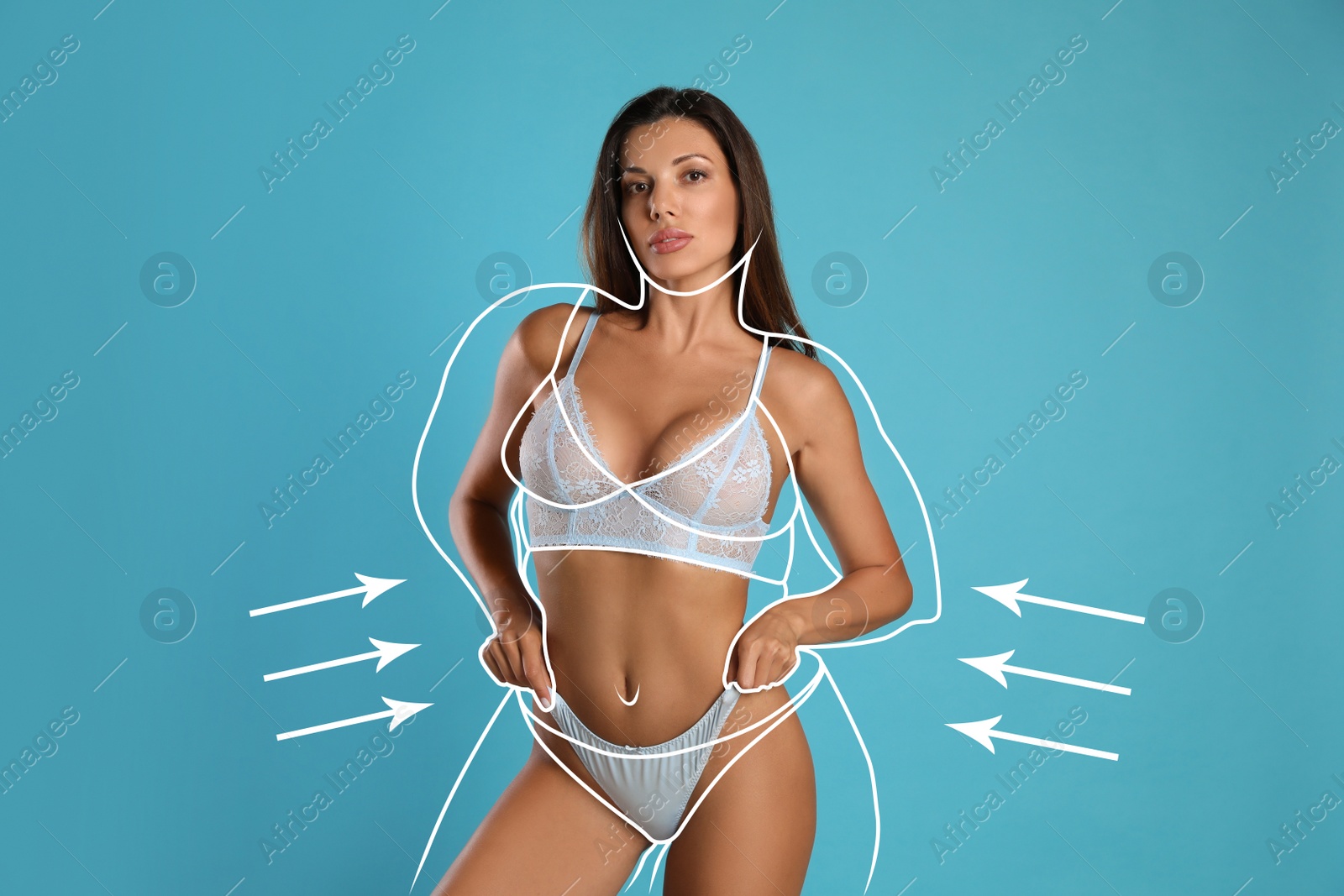 Image of Beautiful slim woman after weight loss on light blue background 