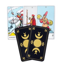Photo of Tarot cards on white background, top view