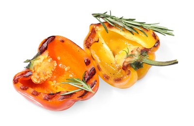 Photo of Tasty grilled bell peppers and rosemary isolated on white