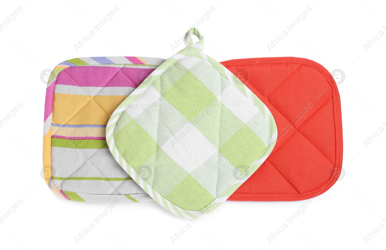 Photo of Oven potholders for hot dishes on white background, top view
