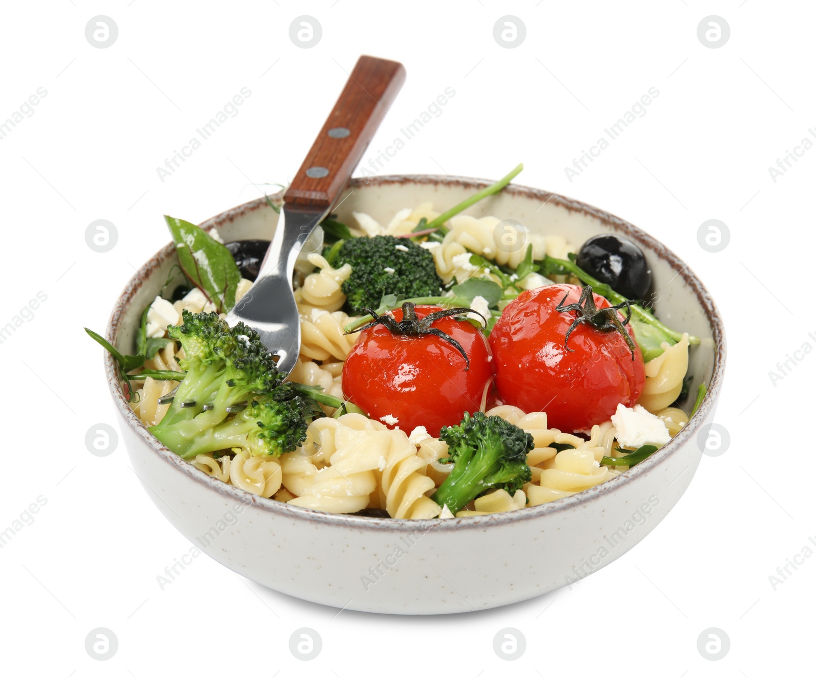 Photo of Bowl of delicious pasta with tomatoes, broccoli and cheese on white background