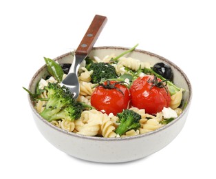 Bowl of delicious pasta with tomatoes, broccoli and cheese on white background