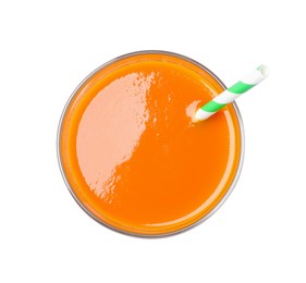 Photo of Glass of fresh carrot juice with straw on white background, top view