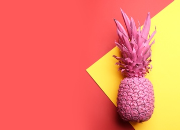 Pink pineapple on color background, top view with space for text. Creative concept
