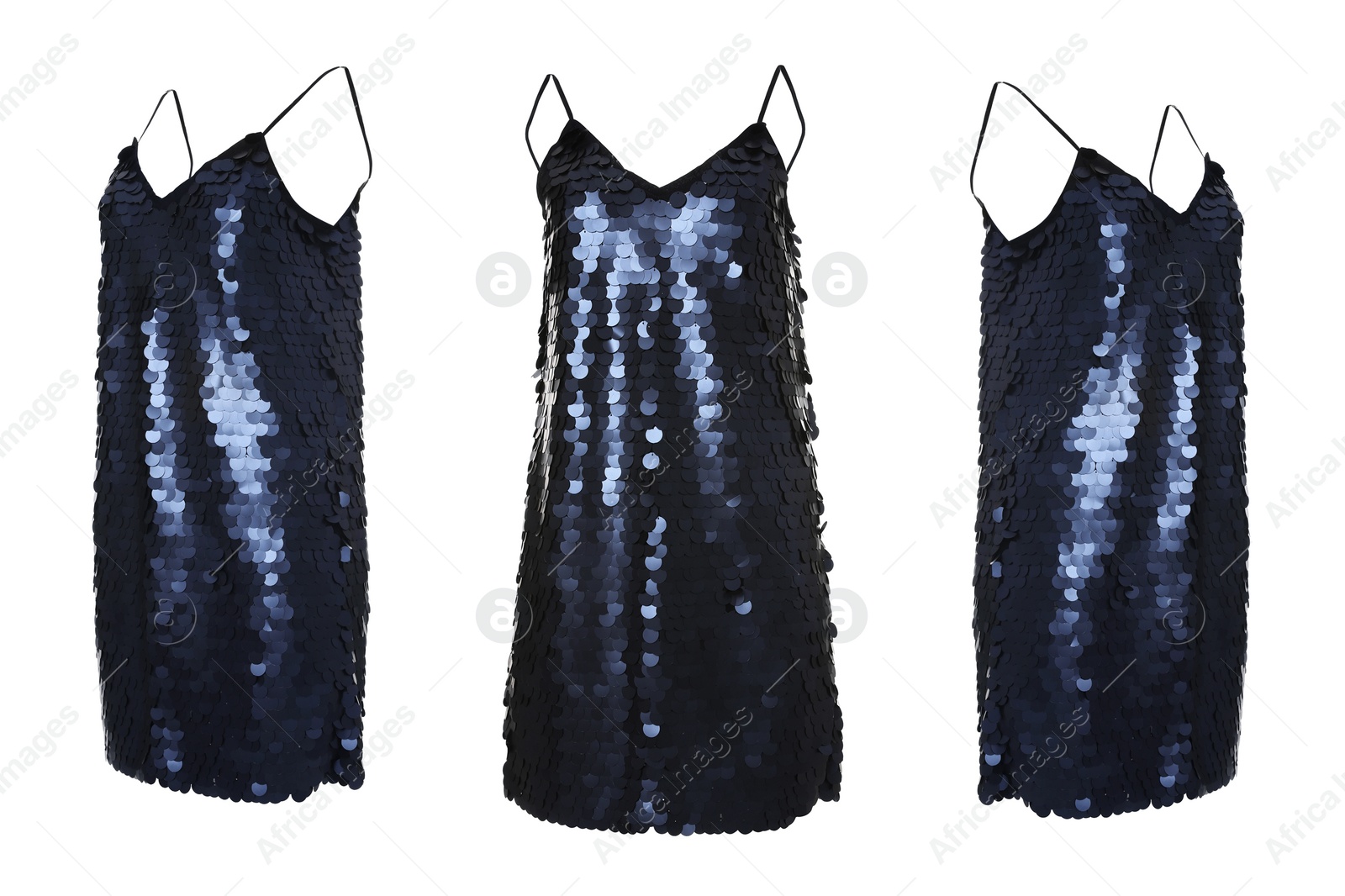 Image of Set of elegant black paillette dresses from different views on white background