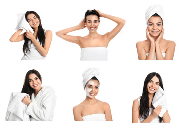 Beautiful woman with towel on white background, collage