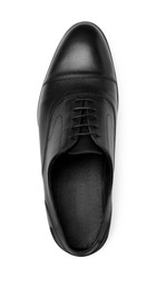 Photo of Black leather men shoe isolated on white, top view