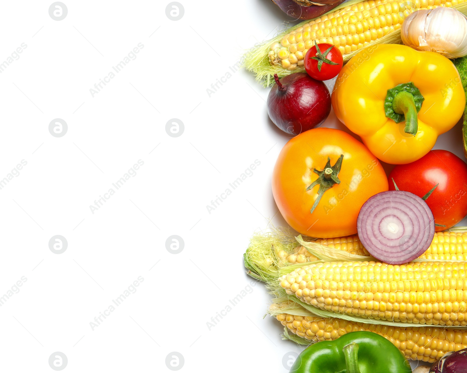 Photo of Assortment of fresh vegetables on white background, top view. Space for text