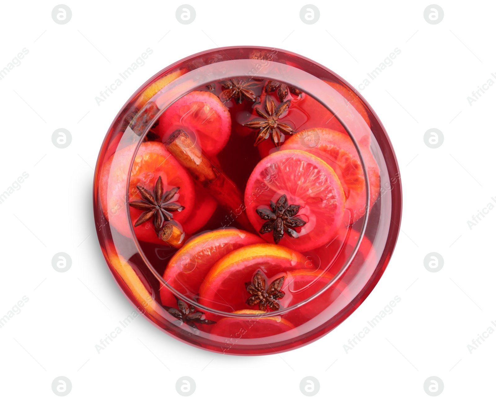 Photo of Glass bowl of delicious aromatic punch drink on white background, top view