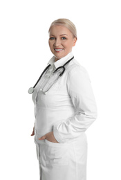 Mature doctor with stethoscope on white background