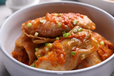 Photo of Delicious stuffed cabbage rolls cooked with homemade tomato sauce in bowl, closeup