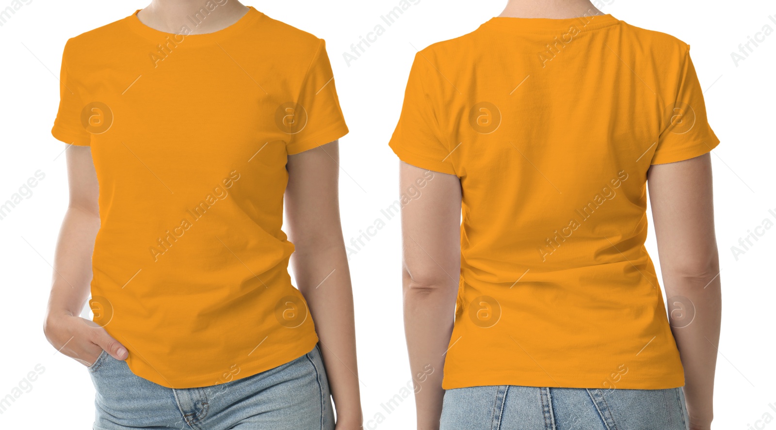 Image of Woman wearing orange t-shirt on white background, back and front view. Mockup for design