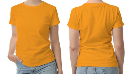 Image of Woman wearing orange t-shirt on white background, back and front view. Mockup for design