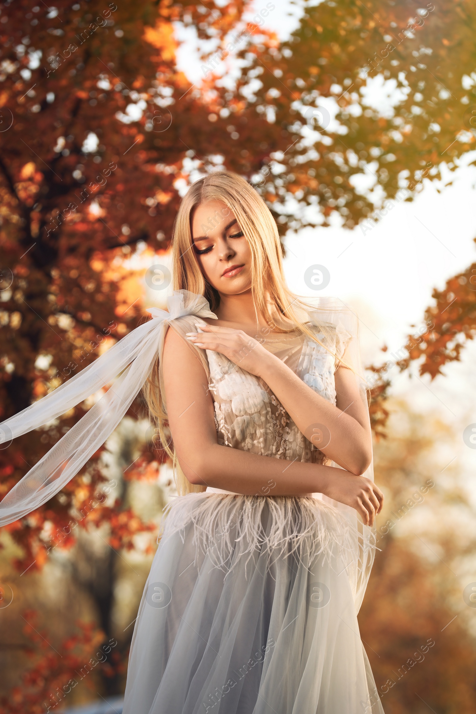 Photo of Beautiful girl wearing fairy dress in autumn forest