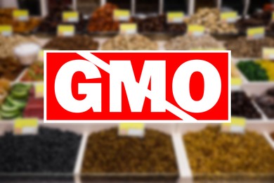 Image of GMO free products. Blurred view of dried fruits and nuts at wholesale market