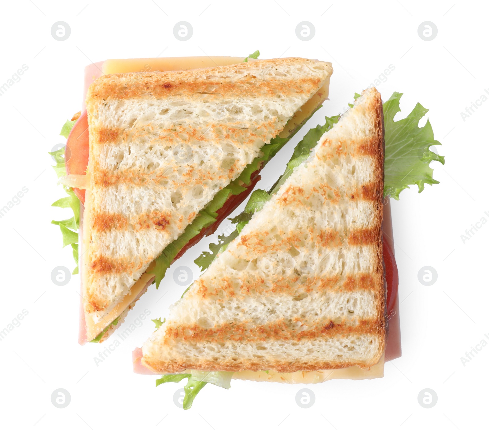 Photo of Tasty sandwich with ham on white background, top view