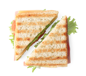 Photo of Tasty sandwich with ham on white background, top view