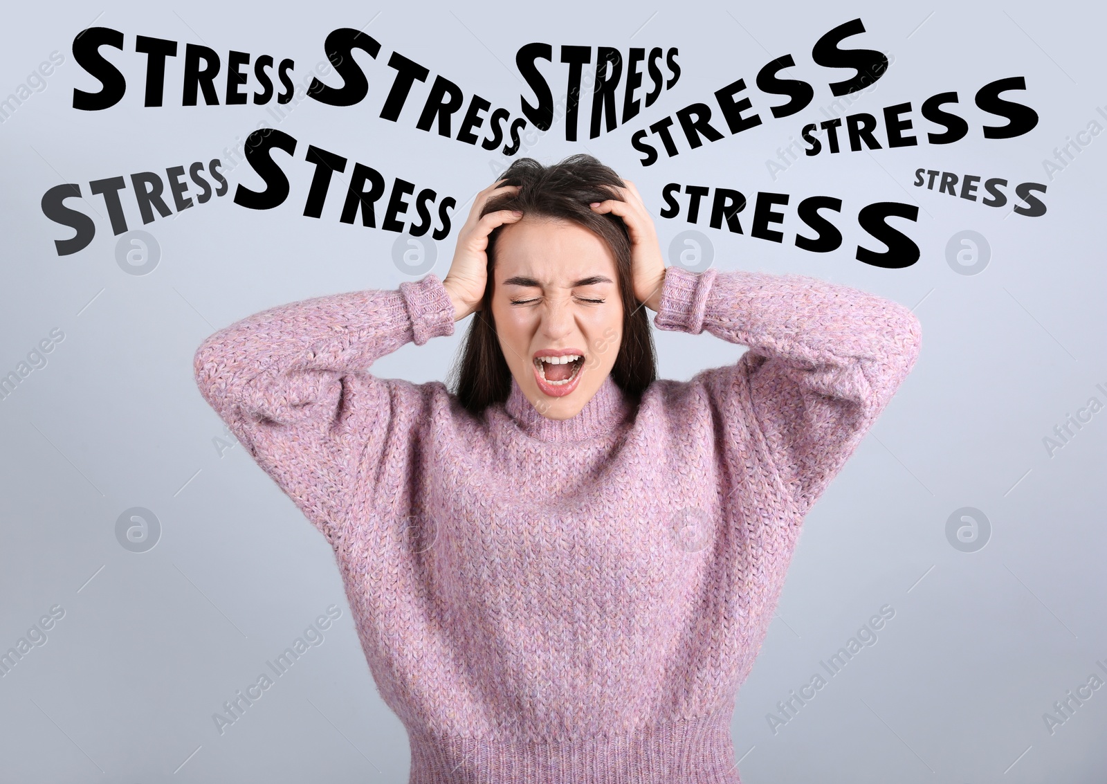 Image of Stressed young woman and text on light grey background