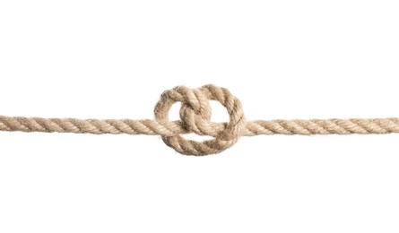 Photo of Rope with knot on white background. Simple design