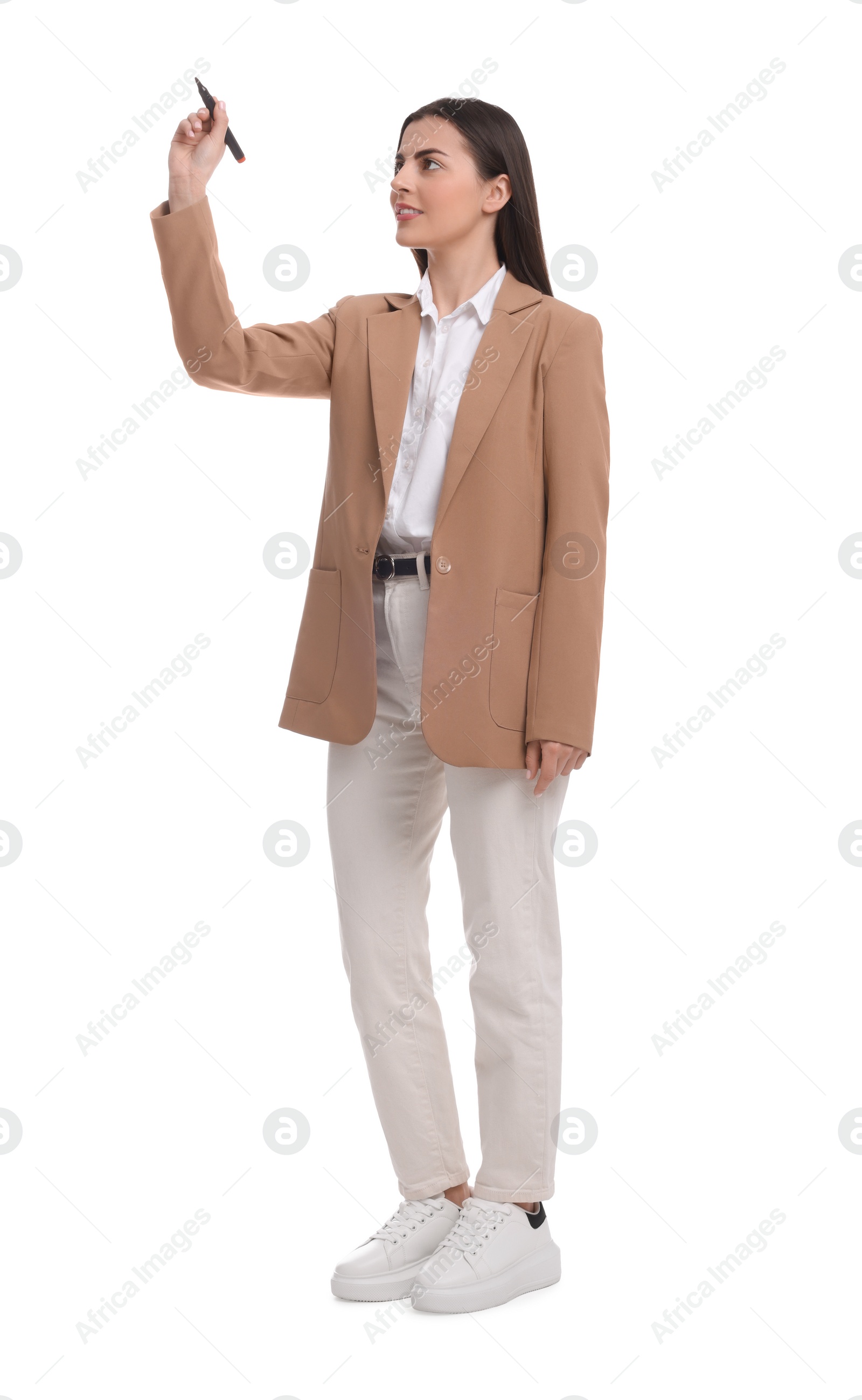 Photo of Beautiful businesswoman with marker on white background