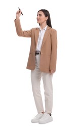 Photo of Beautiful businesswoman with marker on white background