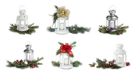 Image of Set with beautiful decorative Christmas lanterns on white background, banner design