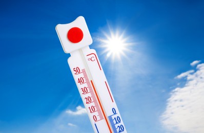 Weather thermometer with high temperature outdoors on hot sunny day. Heat stroke warning